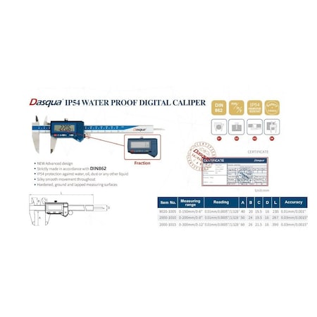 H & H Industrial Products Dasqua 0-300mm / 0-12" IP54 Waterproof Digital Caliper 2000-1015